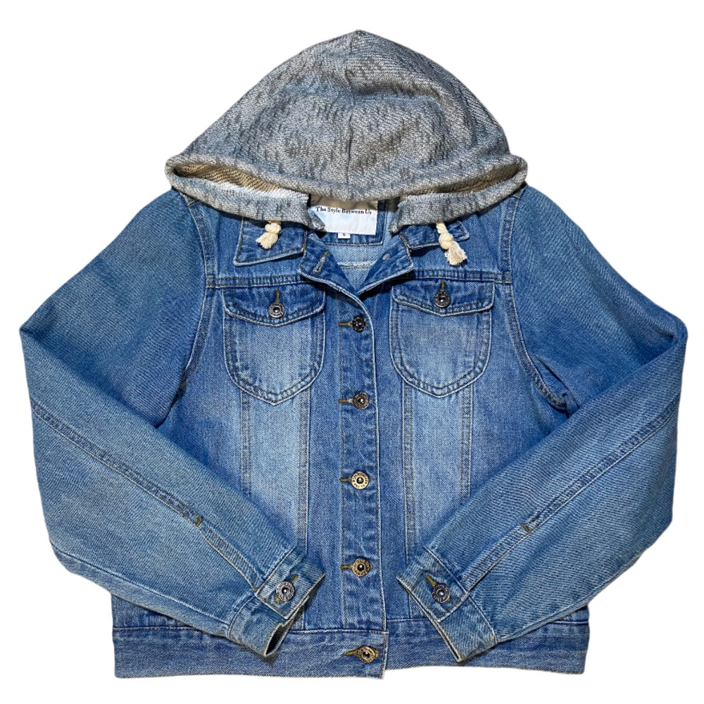 The Style Between Us Cropped Jean Jacket With Gray Drawstring Hood Small